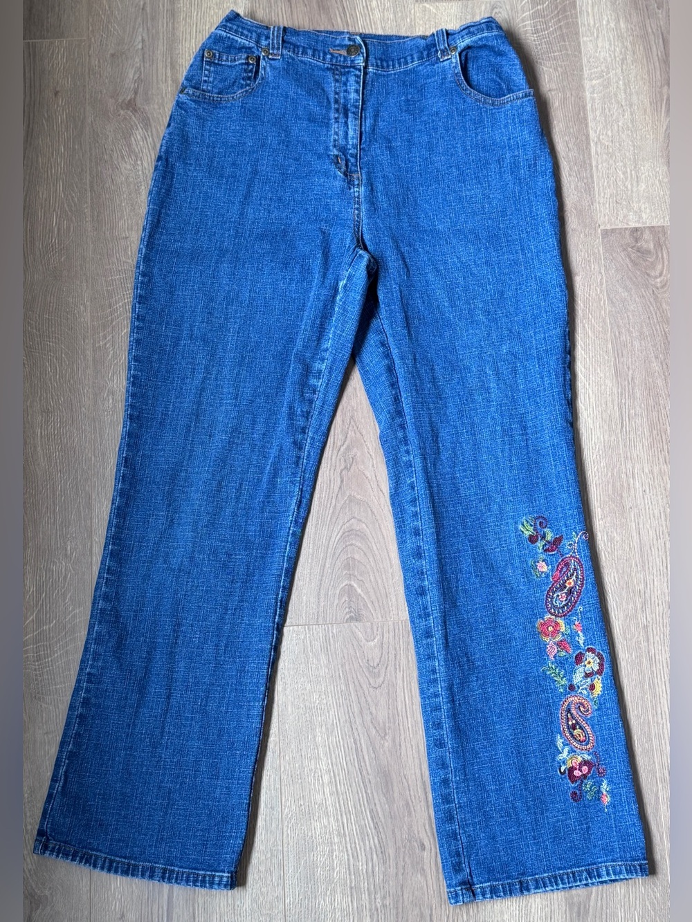 VTG Boho Festival Embroidered Jeans Flare Wide Leg Denim & Co Women's Size Small